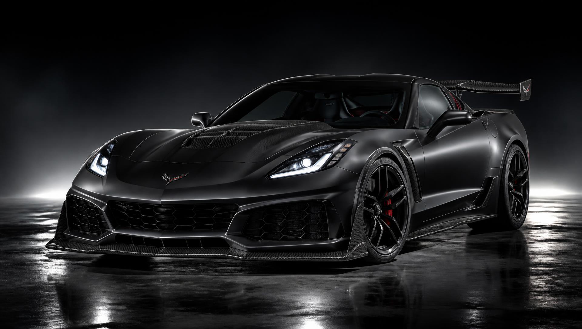 Matte black sports car with carbon fiber aero parts