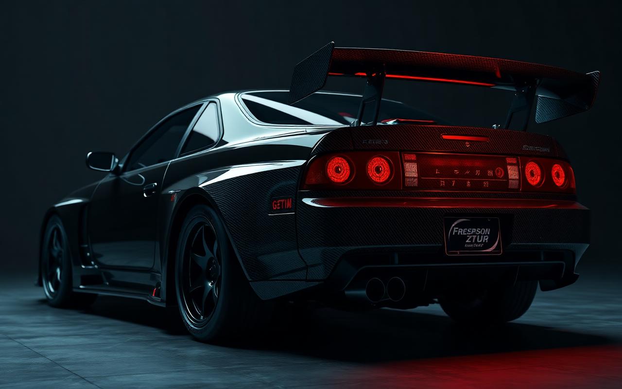 Mitsubishi FTO Galant Coupe rear three-quarter view with GT wing — CFGMOD carbon fiber and fiberglass modification
