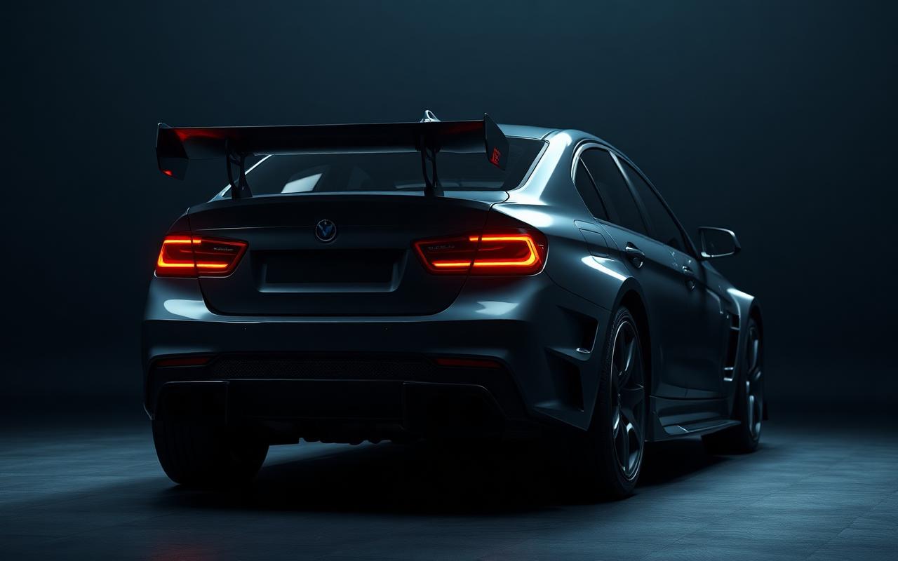 Lancer Evolution X rear three-quarter view with GT wing — CFGMOD carbon fiber and fiberglass modification