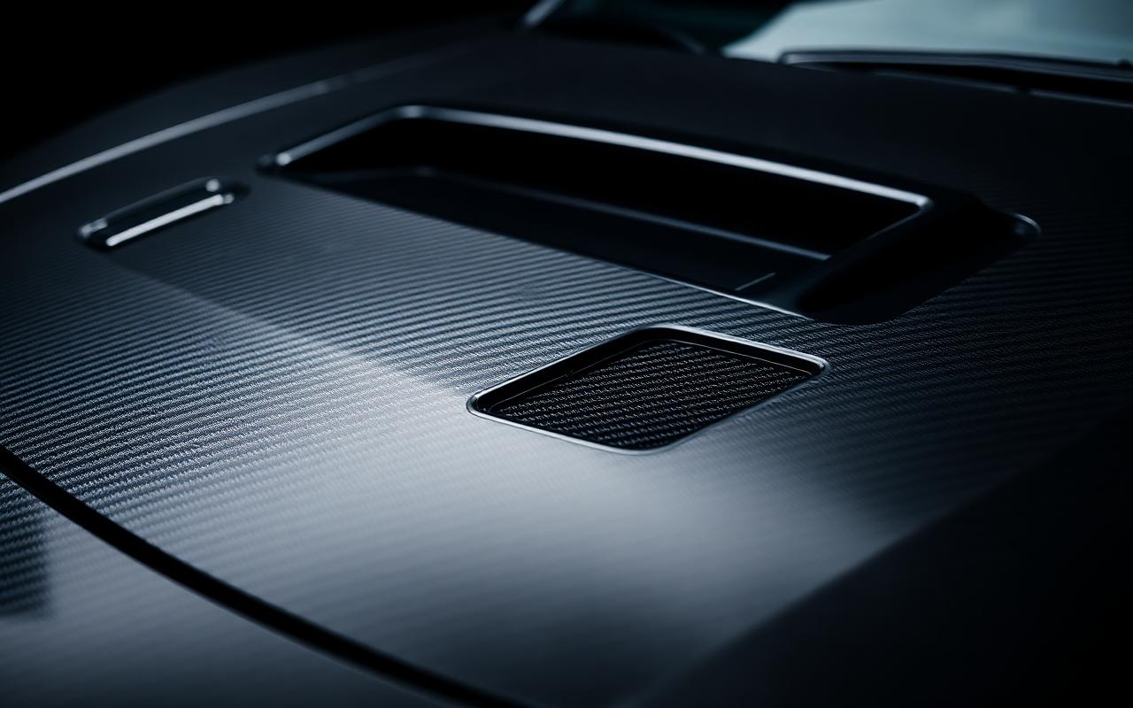 Lancer Evolution X carbon fiber hood close-up — CFGMOD carbon fiber and fiberglass modification