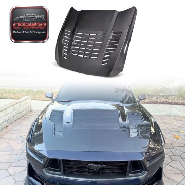 AC Style Vented Carbon Fiber Front Engine Hood Bonnet for 2024+ Ford Mustang S650