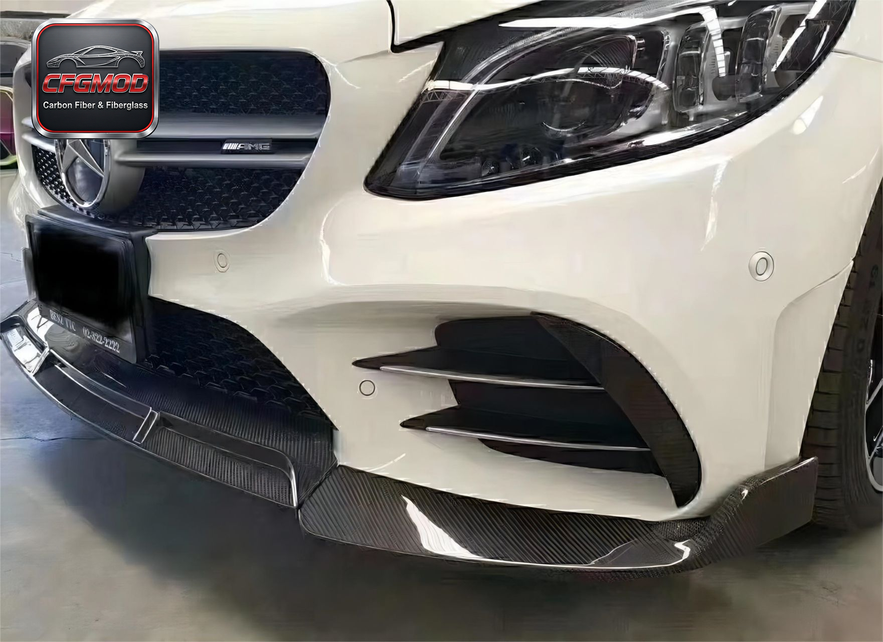 B-Style Dry Carbon Fiber Front Chin Spoiler Splitter for Mercedes-Benz C-Class W205 — 4