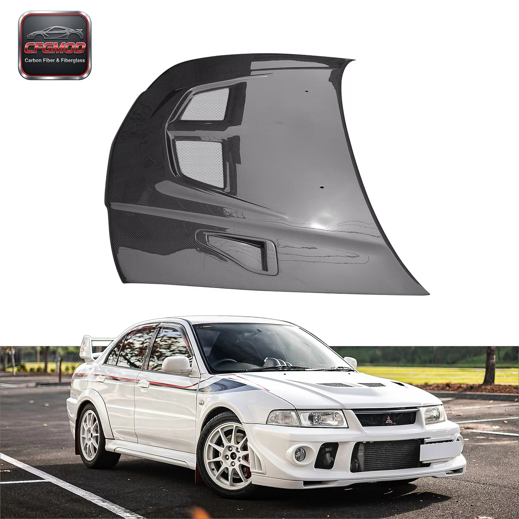 New High Quality Black 3K Twill Weave Carbon Fiber Bonnet for EVO 5 6 with — 1