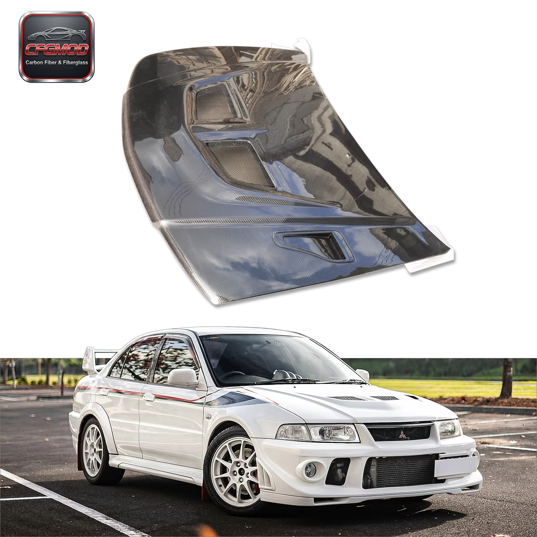 New High Quality Black 3K Twill Weave Carbon Fiber Bonnet for EVO 5 6 with — 3