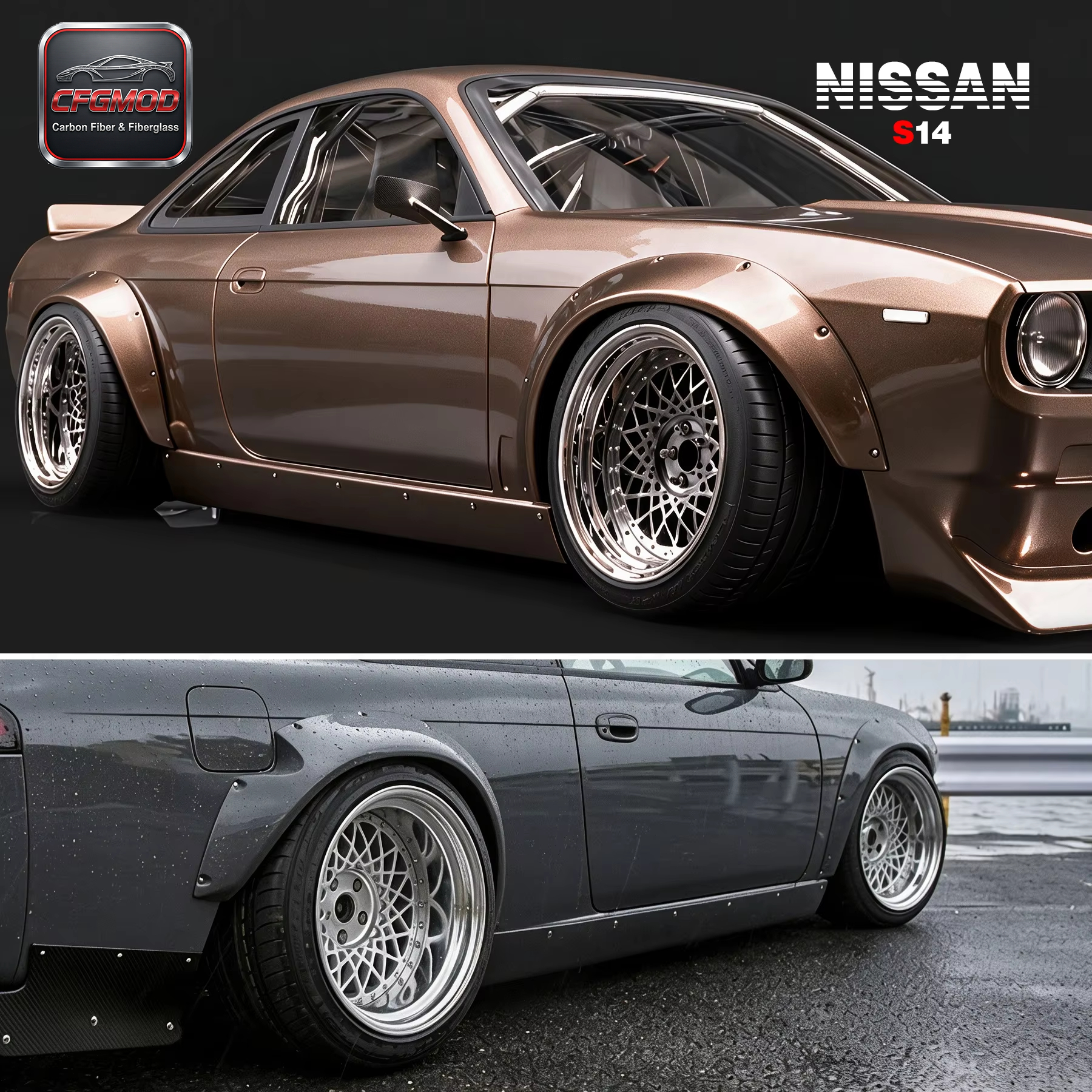 For 1995-1998 S14 Zenki S14A Kouki Rocket Bunny V2 "BOSS" Aero Style Rear Over Fender Flare — 1