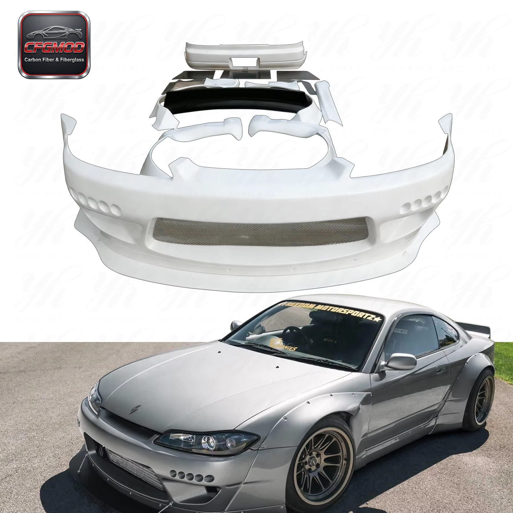 CFGMOD High Quality S15 Silvia Rocket Bunny Front Bumper Lip Fender Diffuser Spoiler FRP Fiber Glass Perfect Fitment Screw — 1