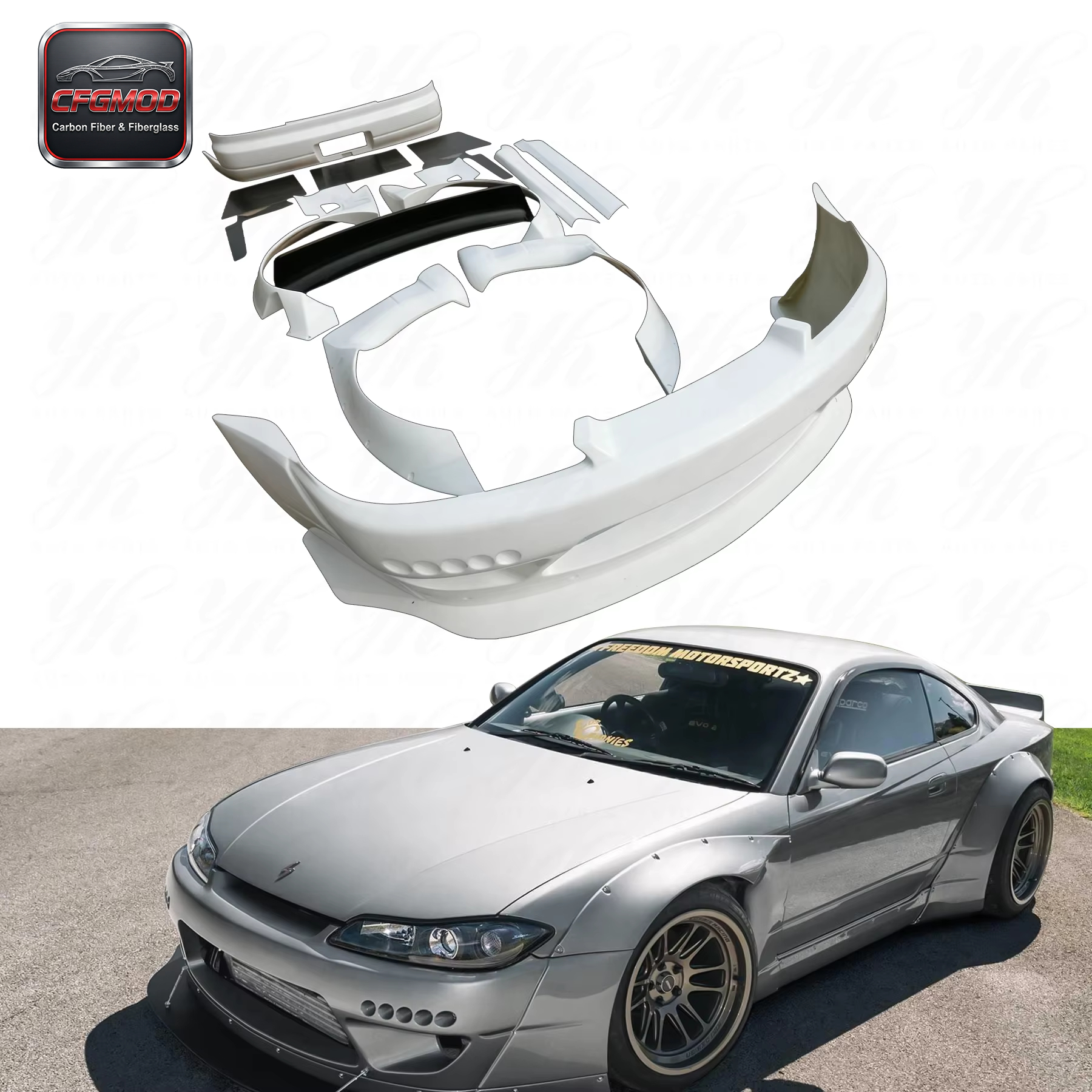 CFGMOD High Quality S15 Silvia Rocket Bunny Front Bumper Lip Fender Diffuser Spoiler FRP Fiber Glass Perfect Fitment Screw — 2
