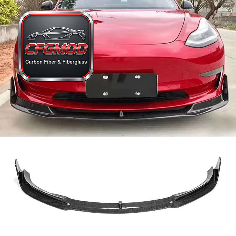 Dry Carbon Fiber V Design Front Spoiler Lip Body Kit for Tesla Model 3 2018 2019 2020 — 1
