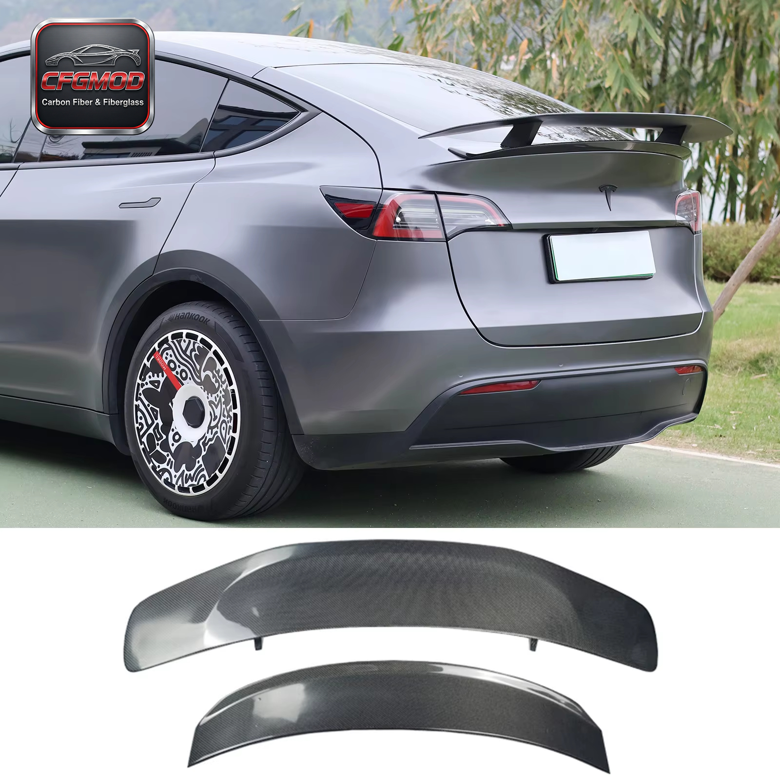 No-Drill Real Carbon Fiber Double Layer Rear Trunk Spoiler Wing for Tesla Model Y — 1