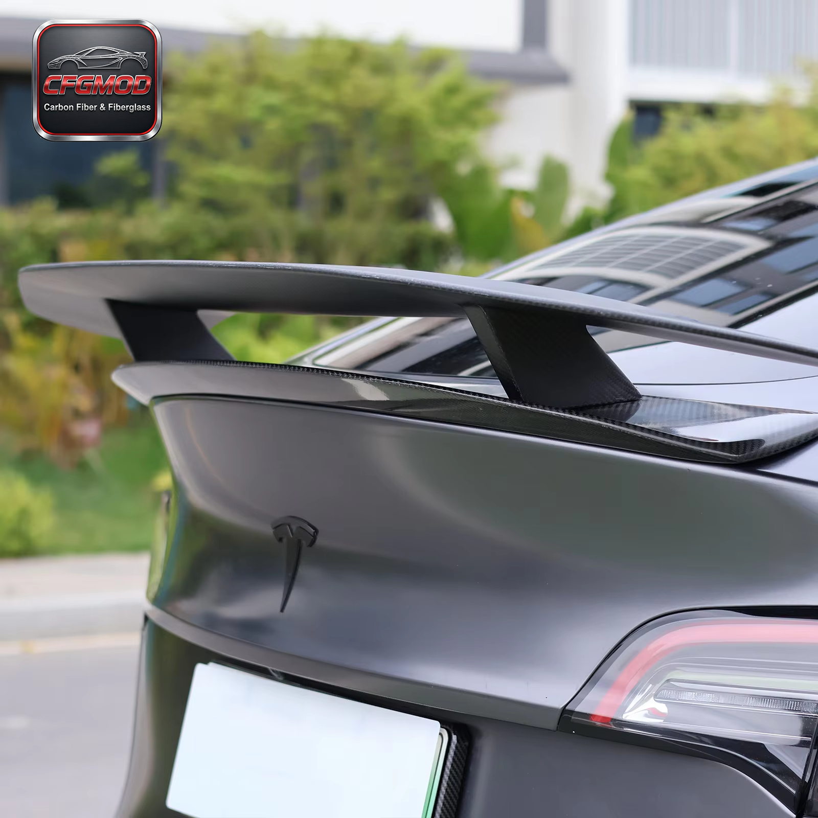 No-Drill Real Carbon Fiber Double Layer Rear Trunk Spoiler Wing for Tesla Model Y — 2